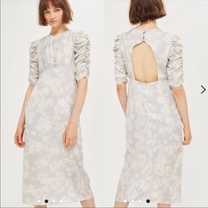 TOPSHOP grey floral ruched gathered sleeve dress